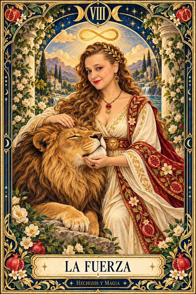 La Fuerza, carta del tarot Hechizos y Magia con el rostro de Yenny Astrid Londoño