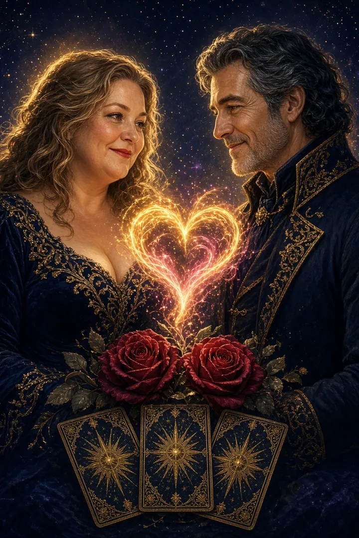 Pareja unida por un corazón de luz sobre cartas del tarot · Hechizos y Magia, Yenny Astrid Londoño