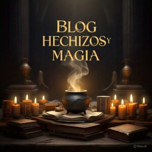 Una fotografía ultra realista de un altar místico iluminado, con libros antiguos abiertos, velas encendidas, humo místico elevándose, fondo oscuro y elegante. Estilo hechicería moderna, atmósfera sabia y misteriosa. Texto integrado: 'BLOG HECHIZOS Y MAGIA' en dorado brillante.
