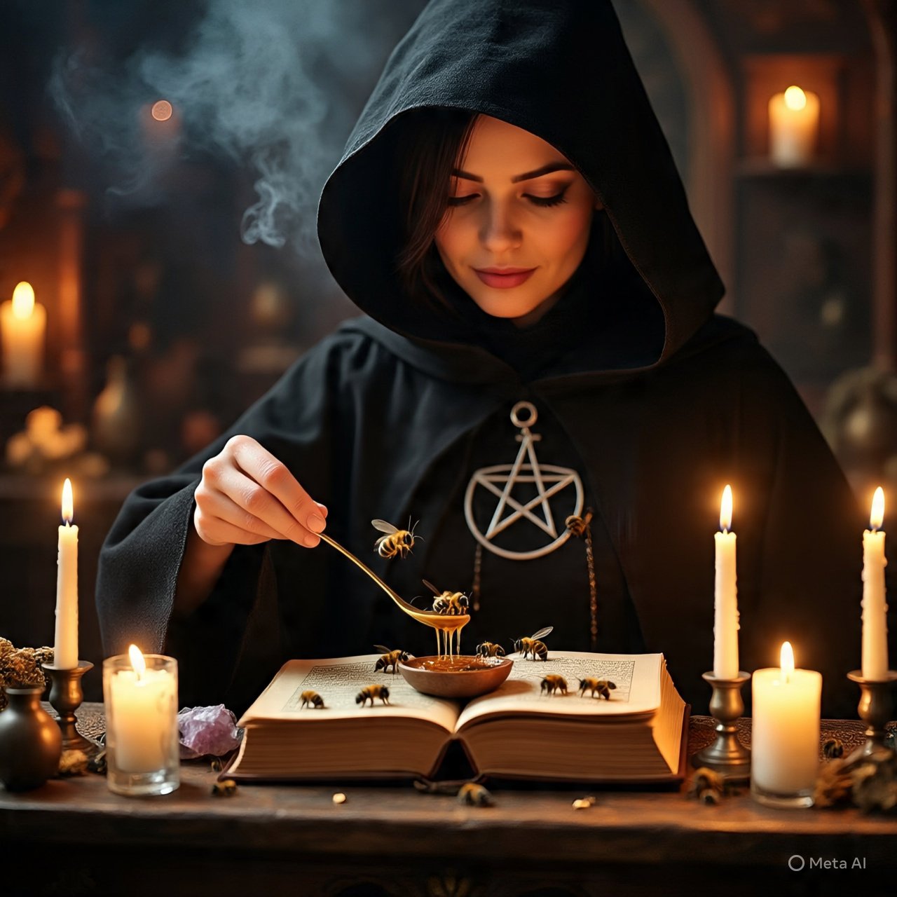 Bruja moderna en un altar realizando ritual con abejas