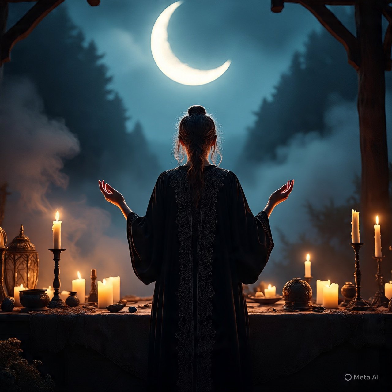 Bruja moderna realizando ritual en luna menguante