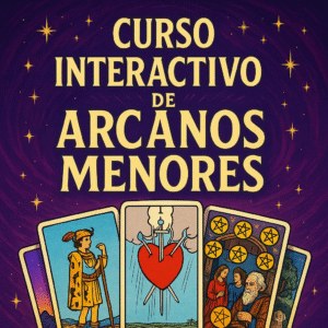 Curso interactivo de arcanos menores con ilustración de cartas del tarot Rider-Waite, fondo místico púrpura con destellos dorados."