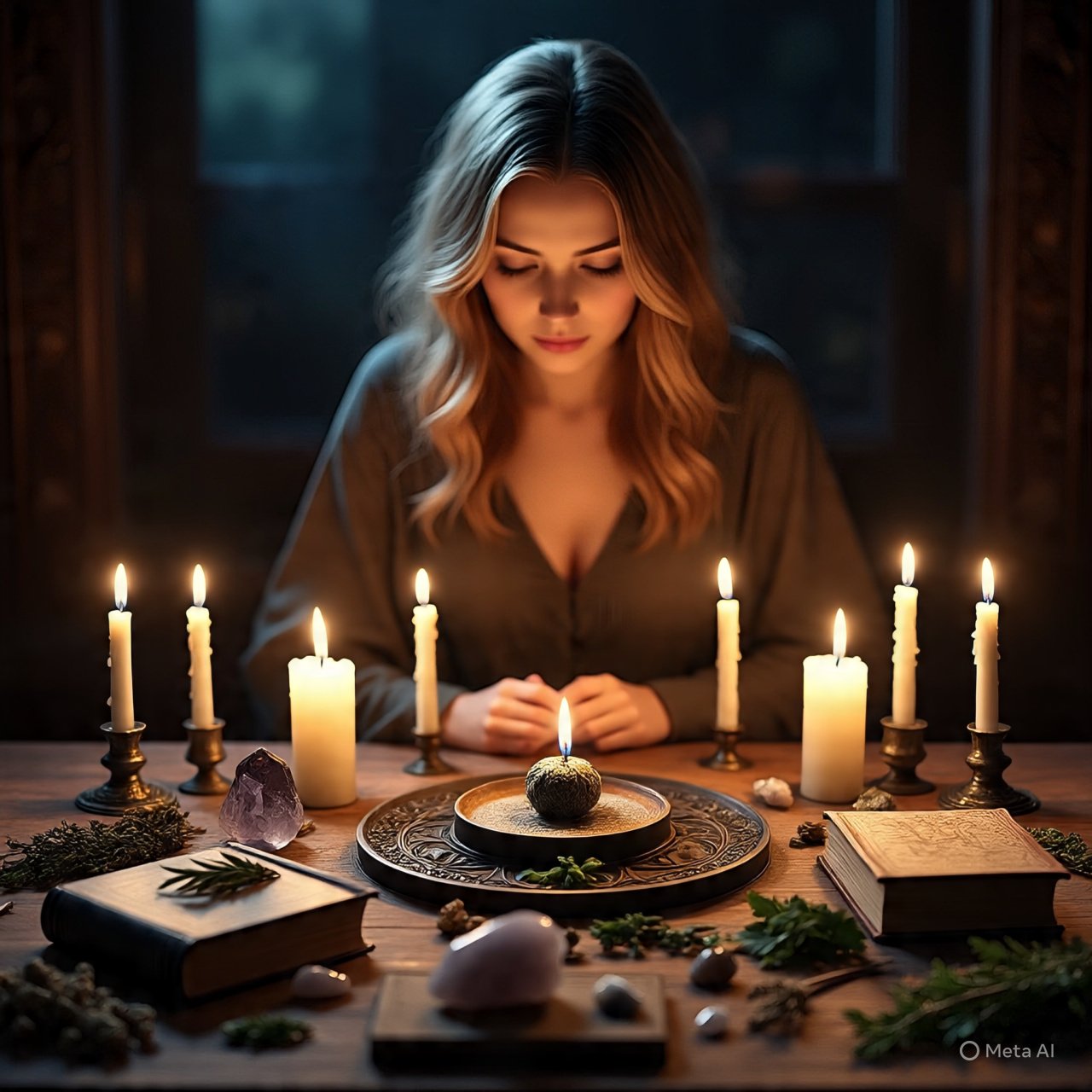 Bruja moderna en un altar realizando ritual con velas gemelas