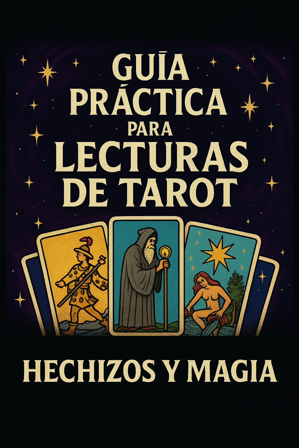 Una guía práctica para lecturas de Tarot, mostrando cartas y símbolos místicos