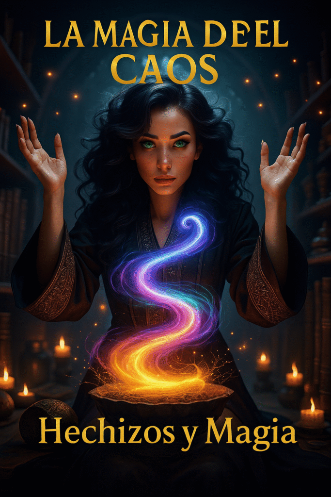 Mujer poderosa invocando energía mágica en una biblioteca oscura, representando la Magia del Caos y el poder de Hechizos y Magia