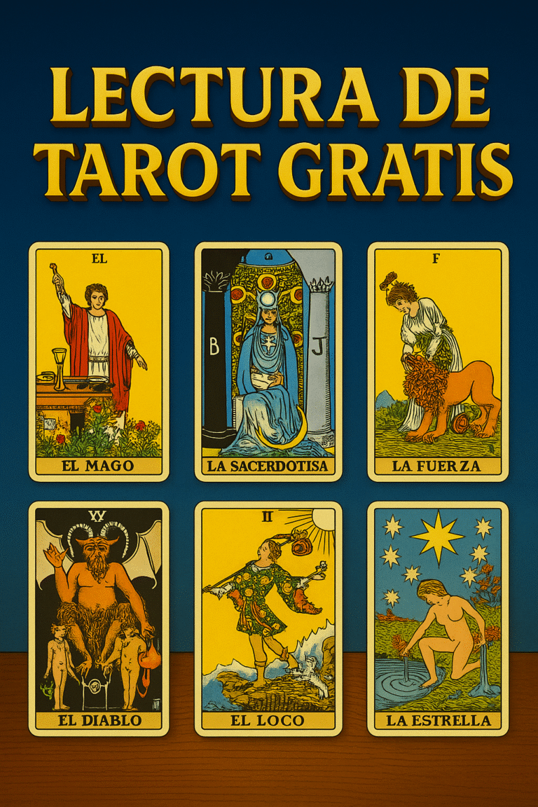 Seis cartas del Tarot dispuestas en dos filas sobre una mesa de madera, con el texto “LECTURA DE TAROT GRATIS” en letras doradas 3D sobre fondo azul oscuro.