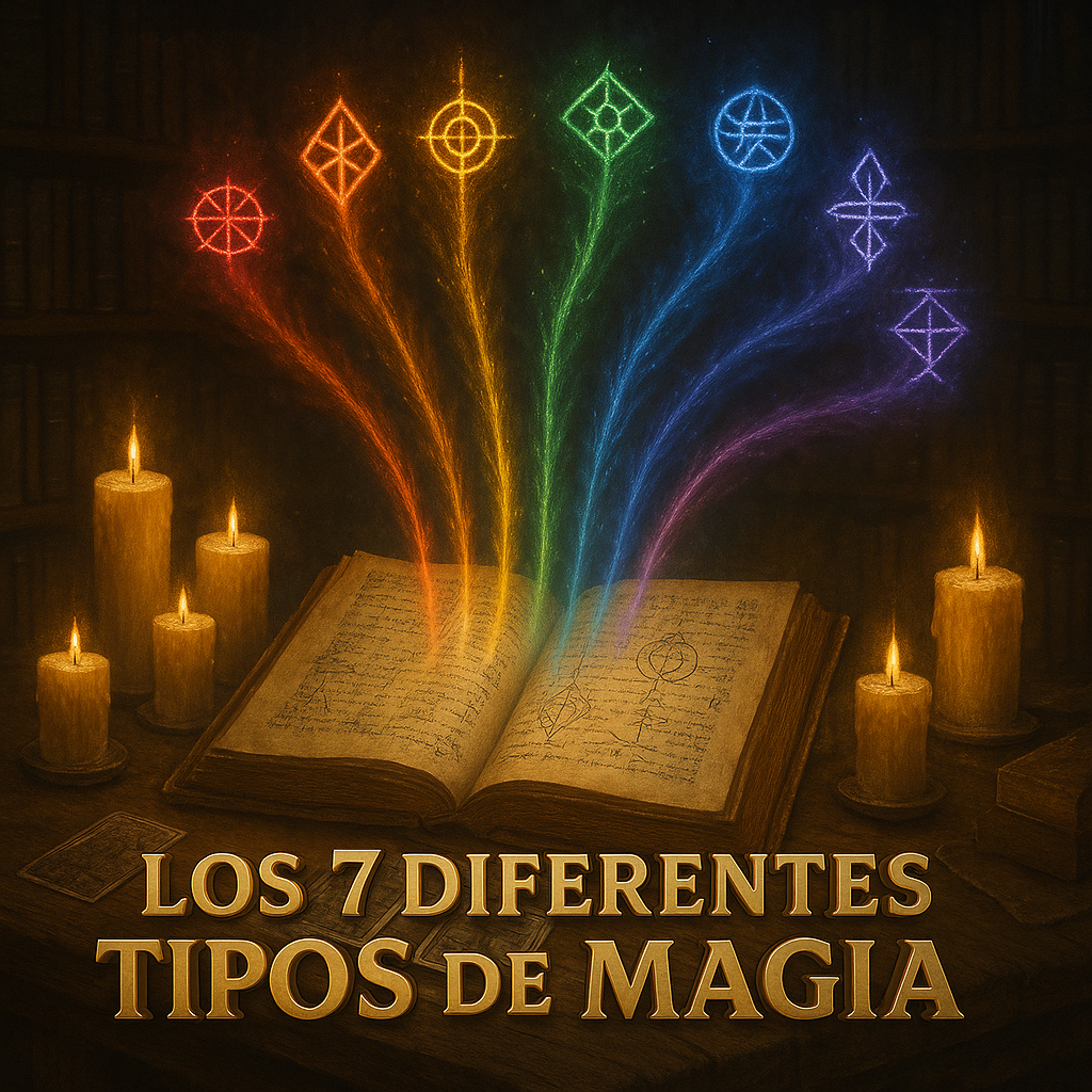 Libro de hechizos antiguo abierto sobre una mesa de madera, con siete rayos de luz de colores que emanan del libro y forman símbolos mágicos en el aire, rodeado de velas y cartas del Tarot.