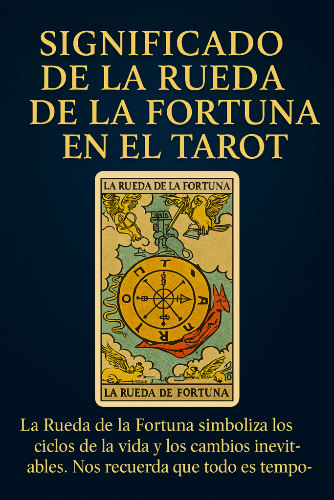 Imagen de la carta del Tarot “La Rueda de la Fortuna” con diseño dorado y fondo azul, acompañada de su significado espiritual.