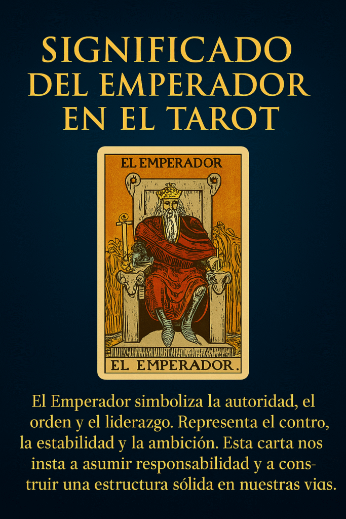 Imagen de la carta del Emperador del tarot Rider-Waite sobre fondo azul oscuro, con letras doradas que explican su simbolismo.