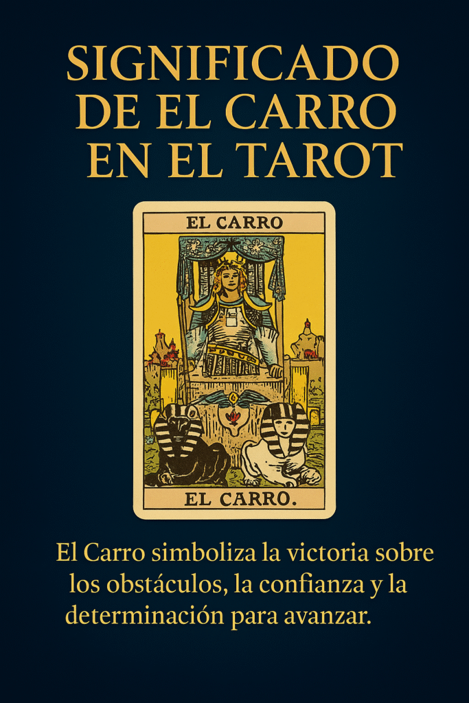 Ilustración de la carta El Carro del Tarot Rider-Waite con fondo oscuro y texto dorado explicativo.