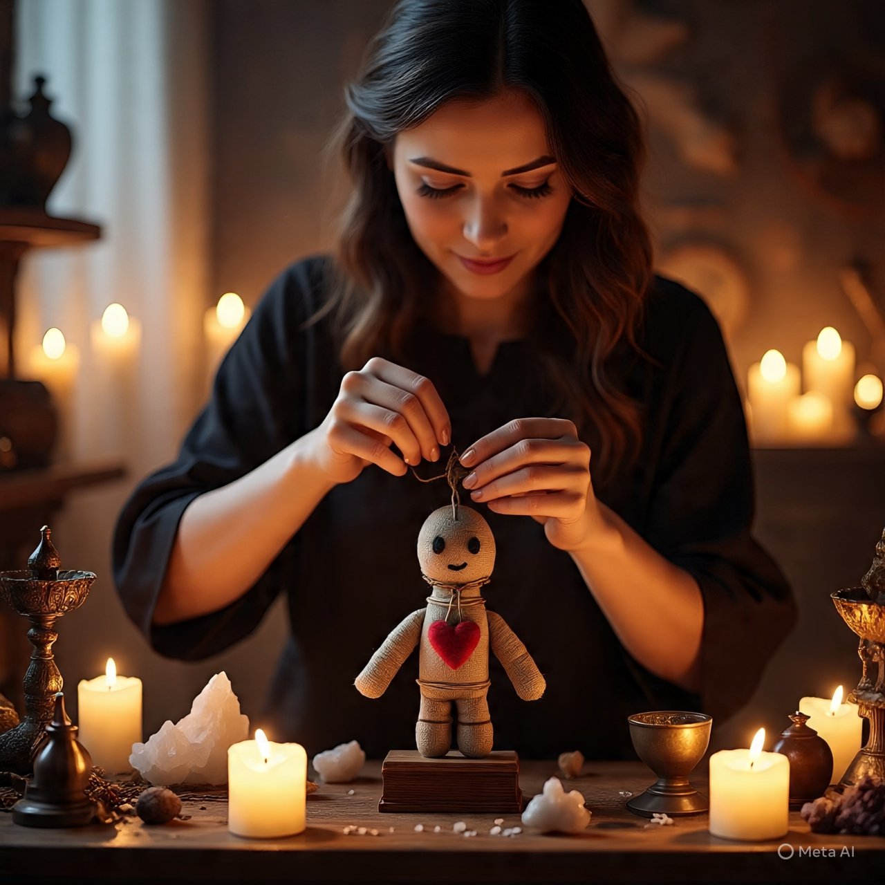 Muñeco vudú y elementos ritualísticos para un amarre