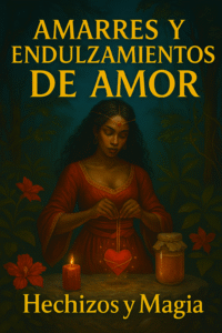 Mujer realizando un amarre de amor con corazón rojo, vela y frasco de miel en un ritual esotérico rodeado de flores rojas