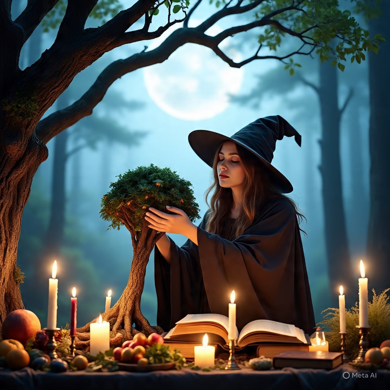 Bruja moderna en un altar realizando ritual con velas