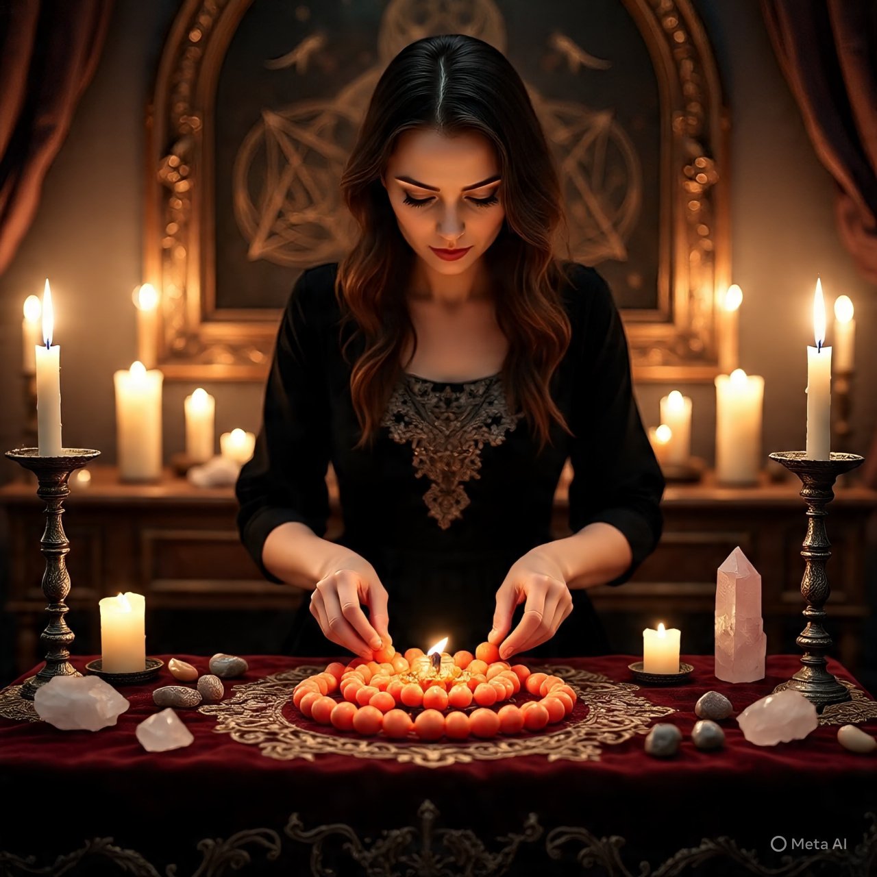 Bruja moderna en un altar realizando ritual con cuentas de coral