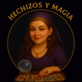 Retrato circular de una mujer con vestimenta mística, cartas del tarot y una bola de cristal, con el título “Hechizos y Magia” en letras doradas sobre fondo oscuro.