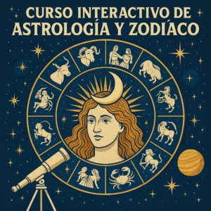 Ilustración digital de un curso interactivo de astrología y zodíaco, con una figura femenina al centro, rodeada por una rueda zodiacal con los doce signos, estrellas doradas, un telescopio antiguo y un planeta vibrante, todo sobre un fondo azul oscuro con estilo místico y vintage.