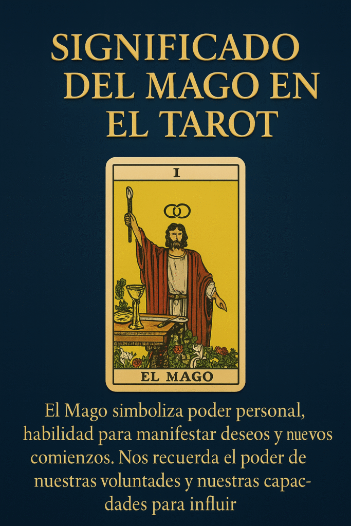 Ilustración de la carta del Mago del Tarot Rider-Waite con fondo azul oscuro y tipografía dorada, representando poder, manifestación y potencial.