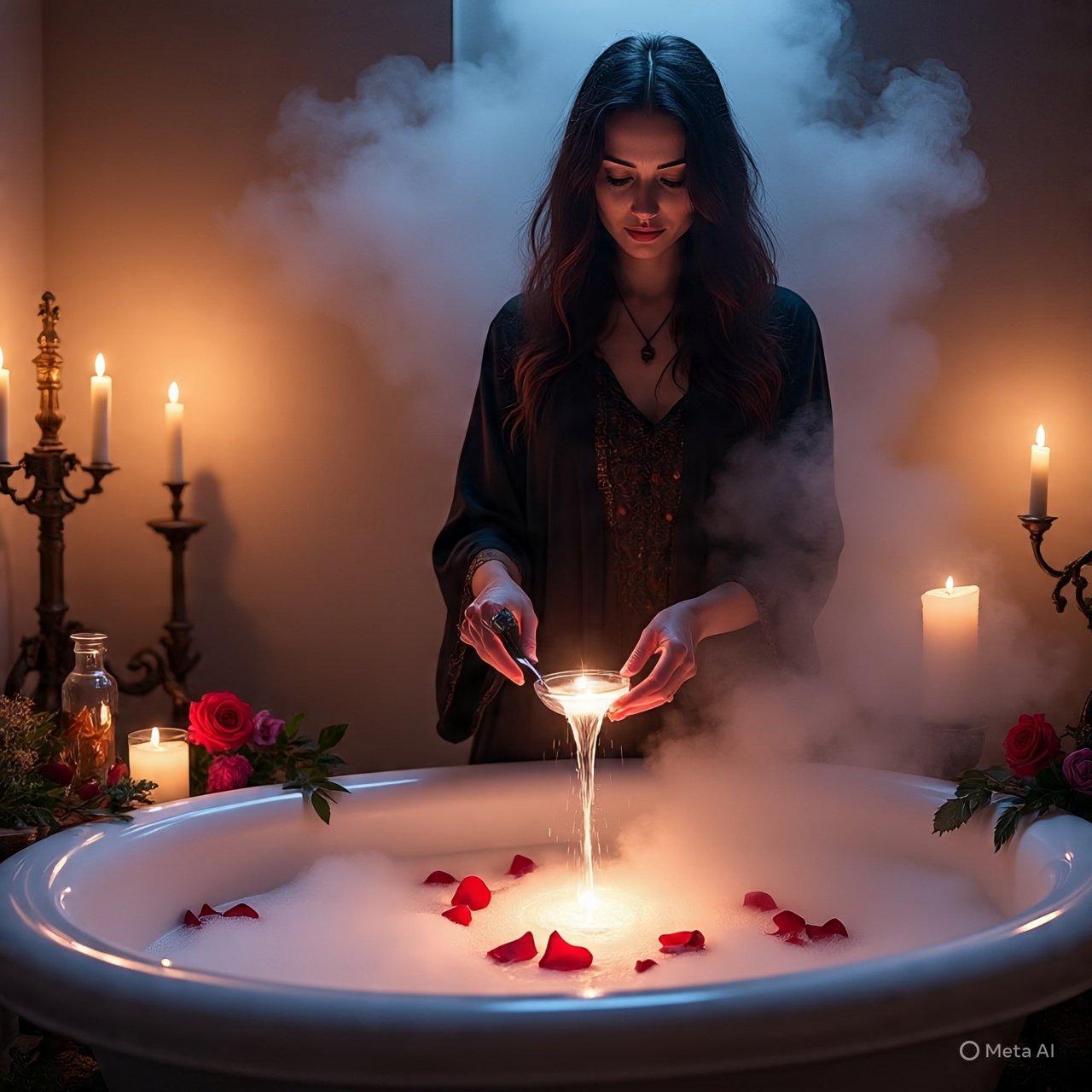 Pétalos de rosa flotando en una bañera