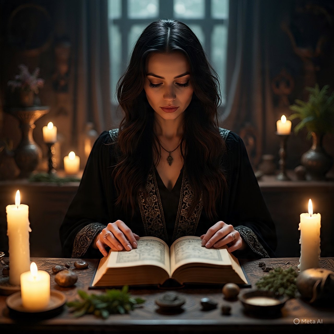 Libro antiguo con conjuros, velas y hierbas