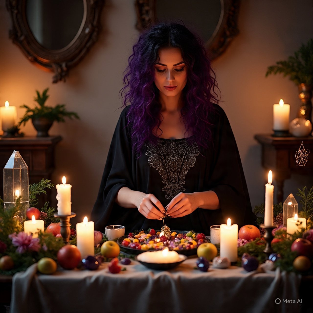 Altar de abundancia con velas y cristales