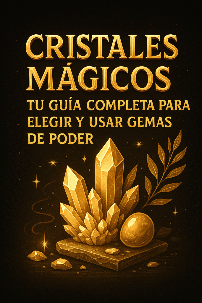 Imagen mística con cristales dorados brillando sobre una losa mágica, junto a hojas doradas y el título “Cristales Mágicos: Tu Guía Completa para Elegir y Usar Gemas de Poder” en letras doradas y en 3D.