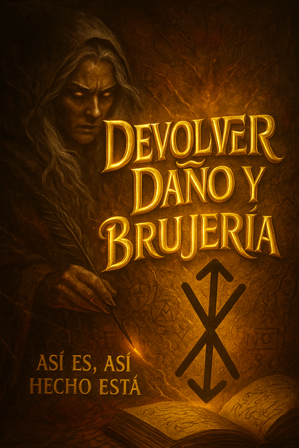 Hechicera escribiendo un decreto para devolver daño y brujería en un grimorio