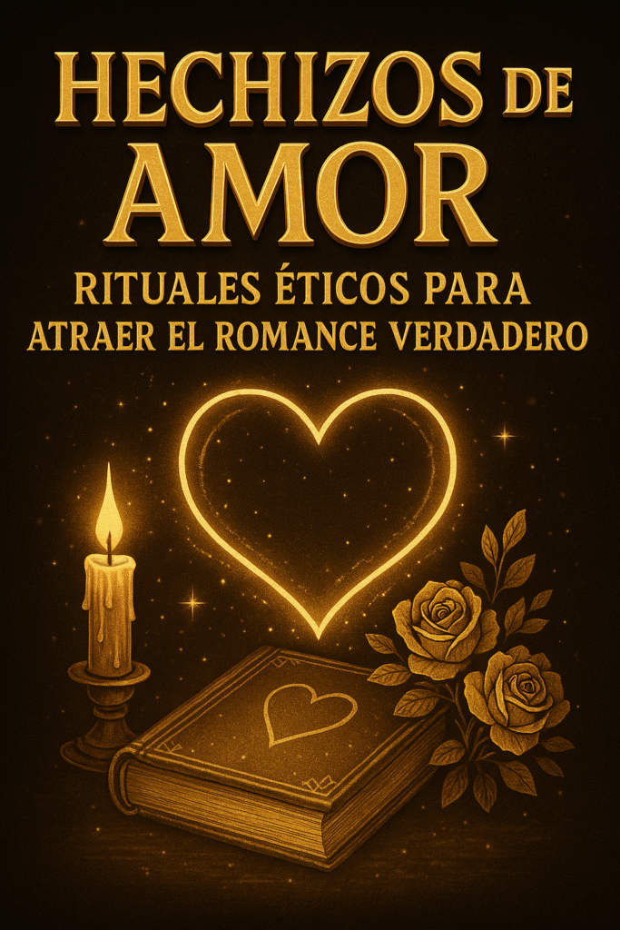 Imagen dorada y mágica con el título “Hechizos de Amor: Rituales Éticos para Atraer el Romance Verdadero”, acompañada de un corazón brillante, un libro con símbolo de amor, rosas y una vela encendida sobre un fondo estrellado.
