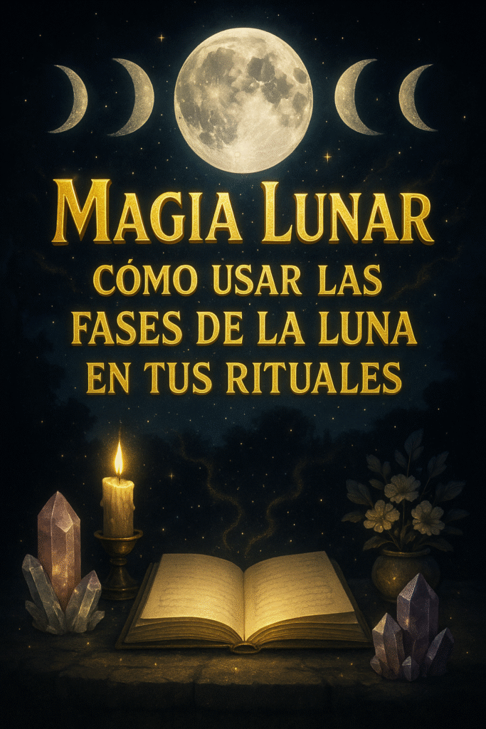 Imagen mágica con el título “Magia Lunar: Cómo Usar las Fases de la Luna en tus Rituales” en letras doradas 3D, acompañada de las fases lunares sobre un cielo estrellado, con un altar de cristal, vela encendida, libro ritual y flores.