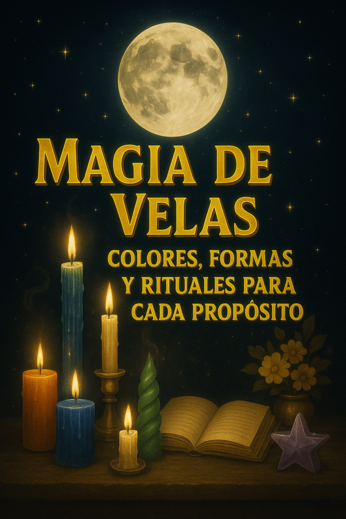 Portada con velas encendidas de distintos colores y formas, libro abierto, flores y luna llena, con texto dorado sobre magia de velas y rituales.