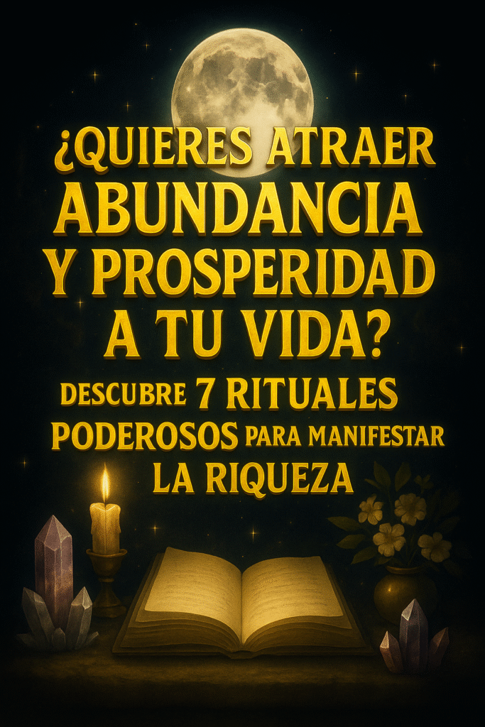 Portada mágica en estilo pintura digital con el texto dorado y en 3D que dice: "¿Quieres atraer abundancia y prosperidad a tu vida? Descubre 7 rituales poderosos para manifestar la riqueza". En la parte superior, una luna llena brilla sobre un cielo estrellado, flanqueada por fases lunares. Abajo, una escena ritual con cristales, una vela encendida y un libro abierto iluminado, evocando un ambiente místico y espiritual.