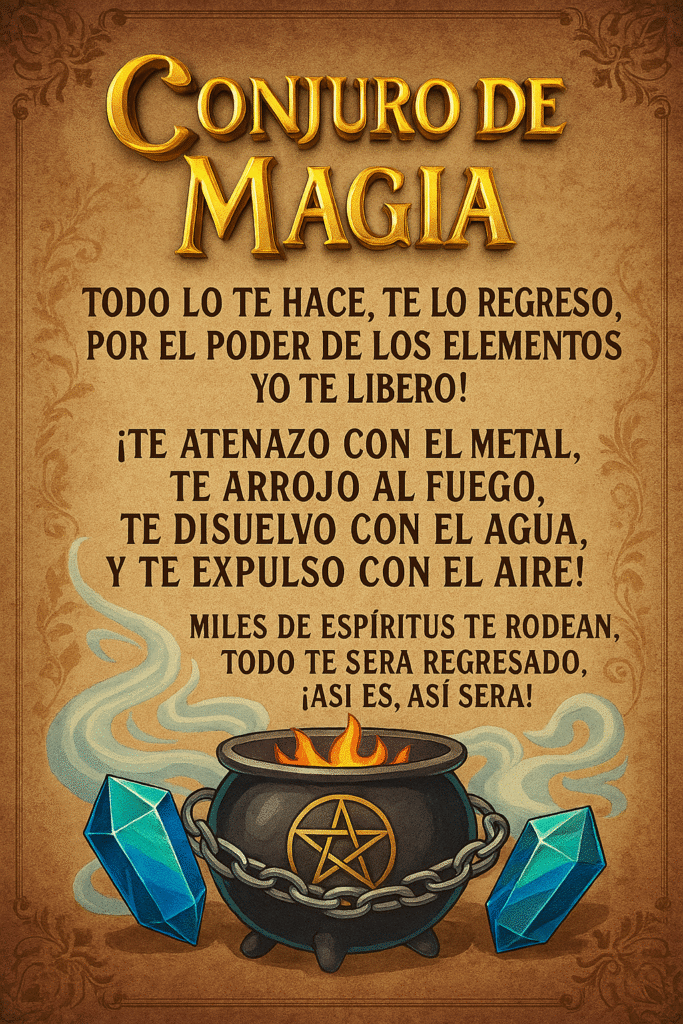 Pergamino místico con conjuro de magia en letras doradas 3D, caldero con fuego, cristales y humo mágico, representando un ritual de protección y devolución energética.