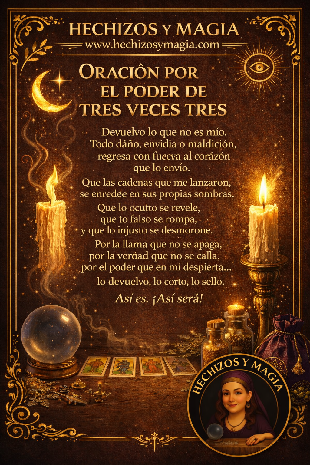 Oración de Protección por el Poder de Tres Veces Tres - Representación completa del ritual con símbolos mágicos, velas y elementos esotéricos